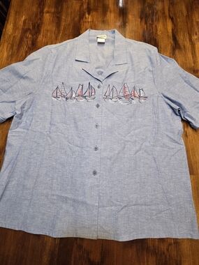 BonWorth Blue Short-Sleeve Button-Down Shirt with Sailboat Embroidery